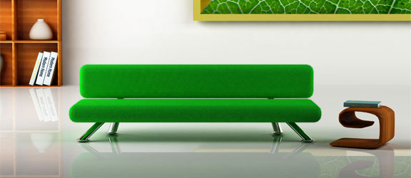This image shows a modern living room with a green sofa.